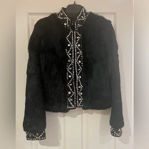 Rabbit fur jacket with jewel trim